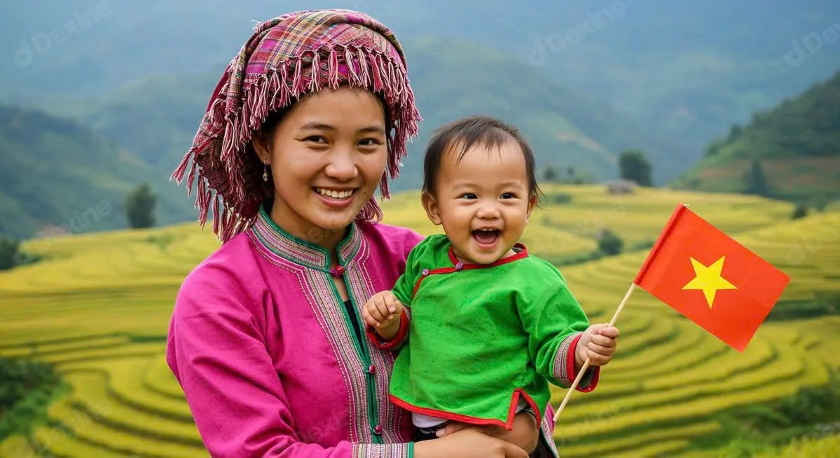 Vietnamese woman with child in traditional village — family travel in Vietnam is enriched by warm cultural interactions