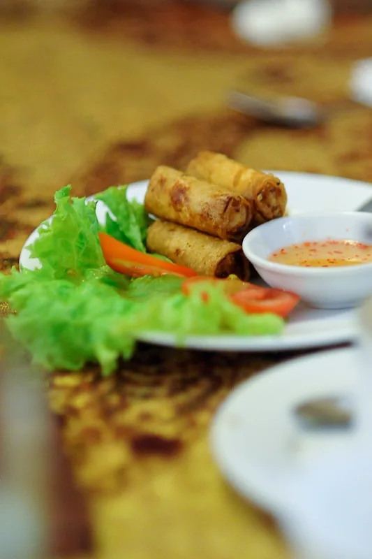 Vietnamese spring rolls nem ran — fried spring rolls are a staple of the northern Vietnamese table, served with fresh herbs and dipping sauce